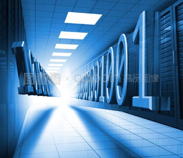 数据中心的蓝色二进制代码 数据库与计算机网络服务的基石